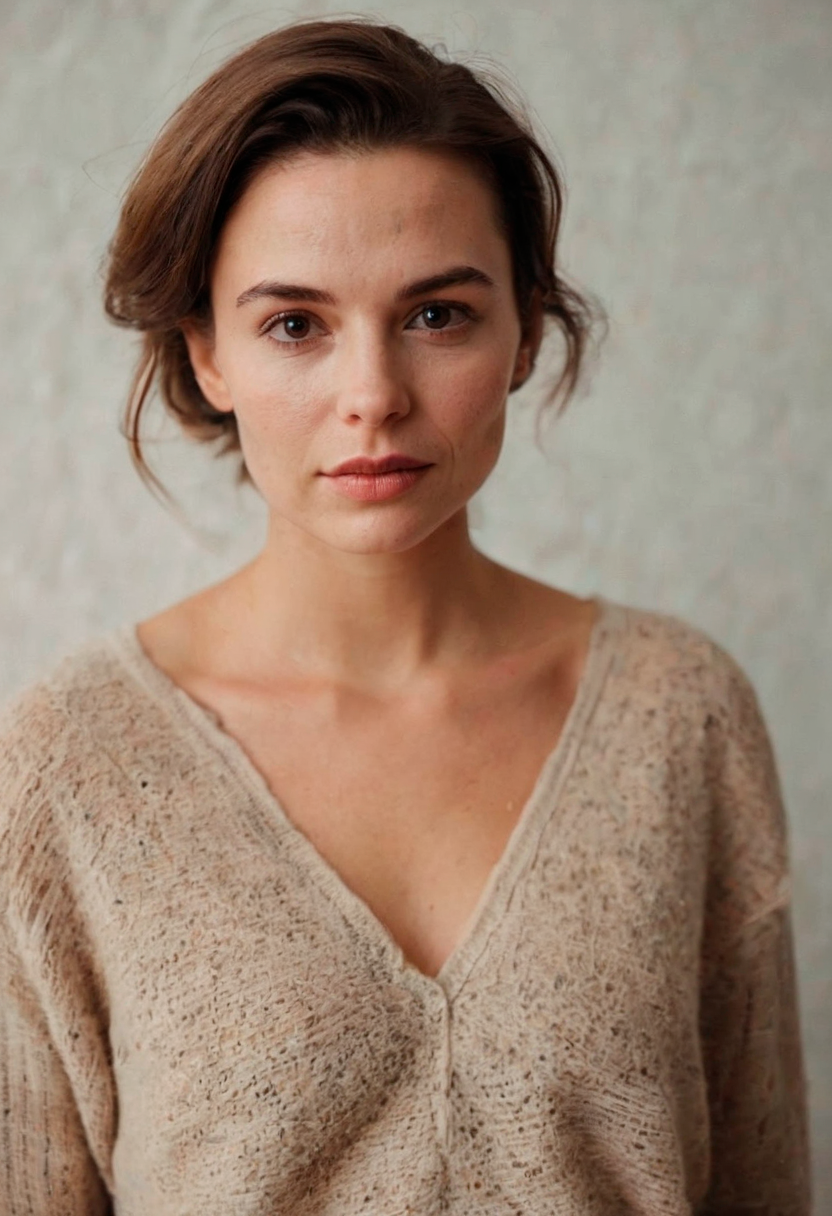 front shot, portrait photo of an american woman, looks away, natural skin, skin moles, cozy interior, film grain