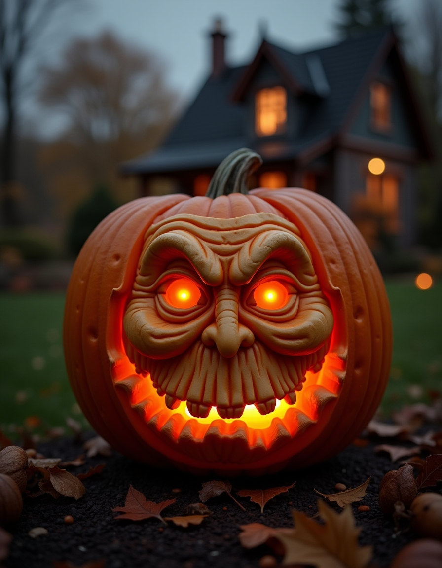 A b4a pumpkin carving with the 3d face of spooky old witch, background halloween garden in front of a house,