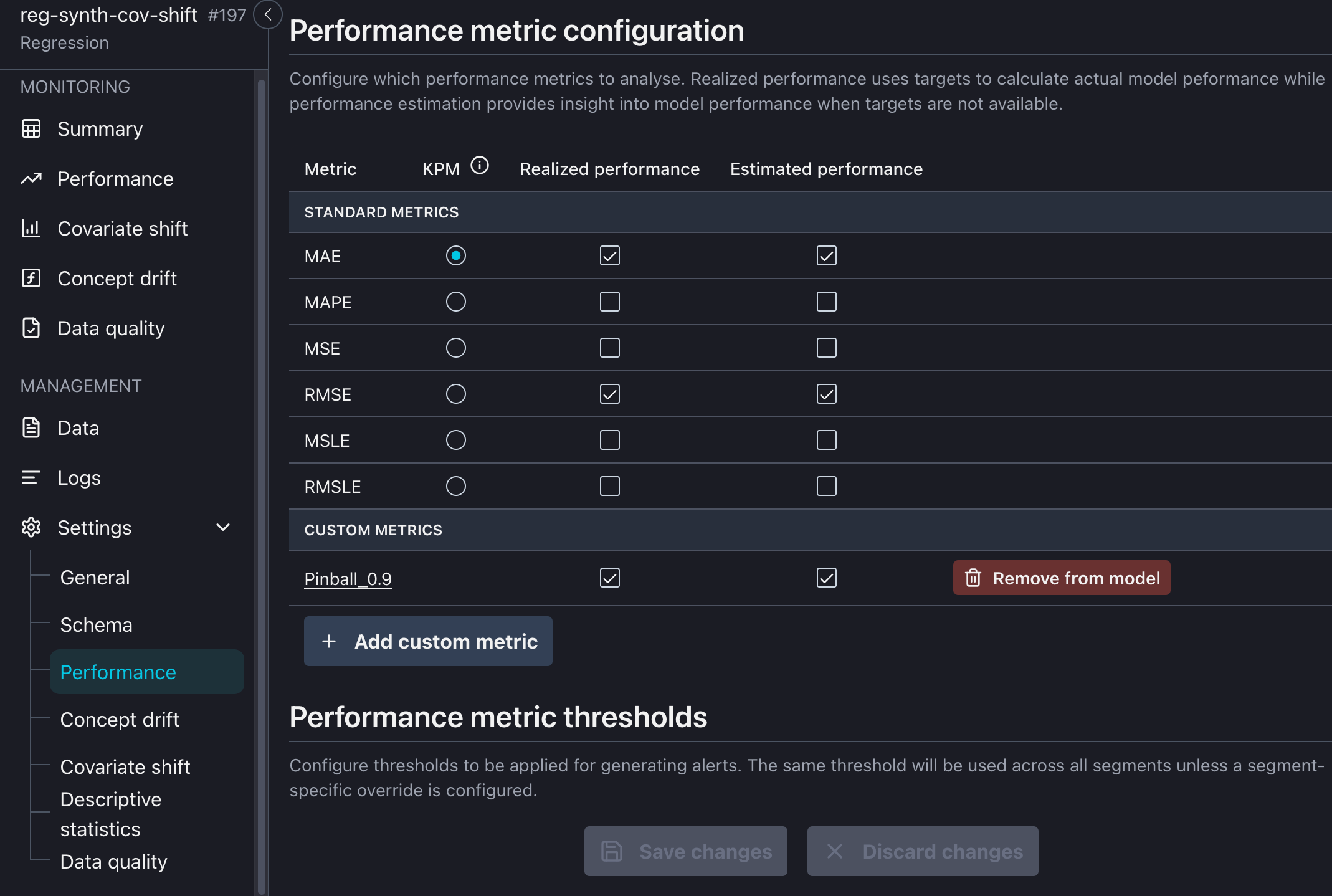 Model Dashboard>Settings>Performance