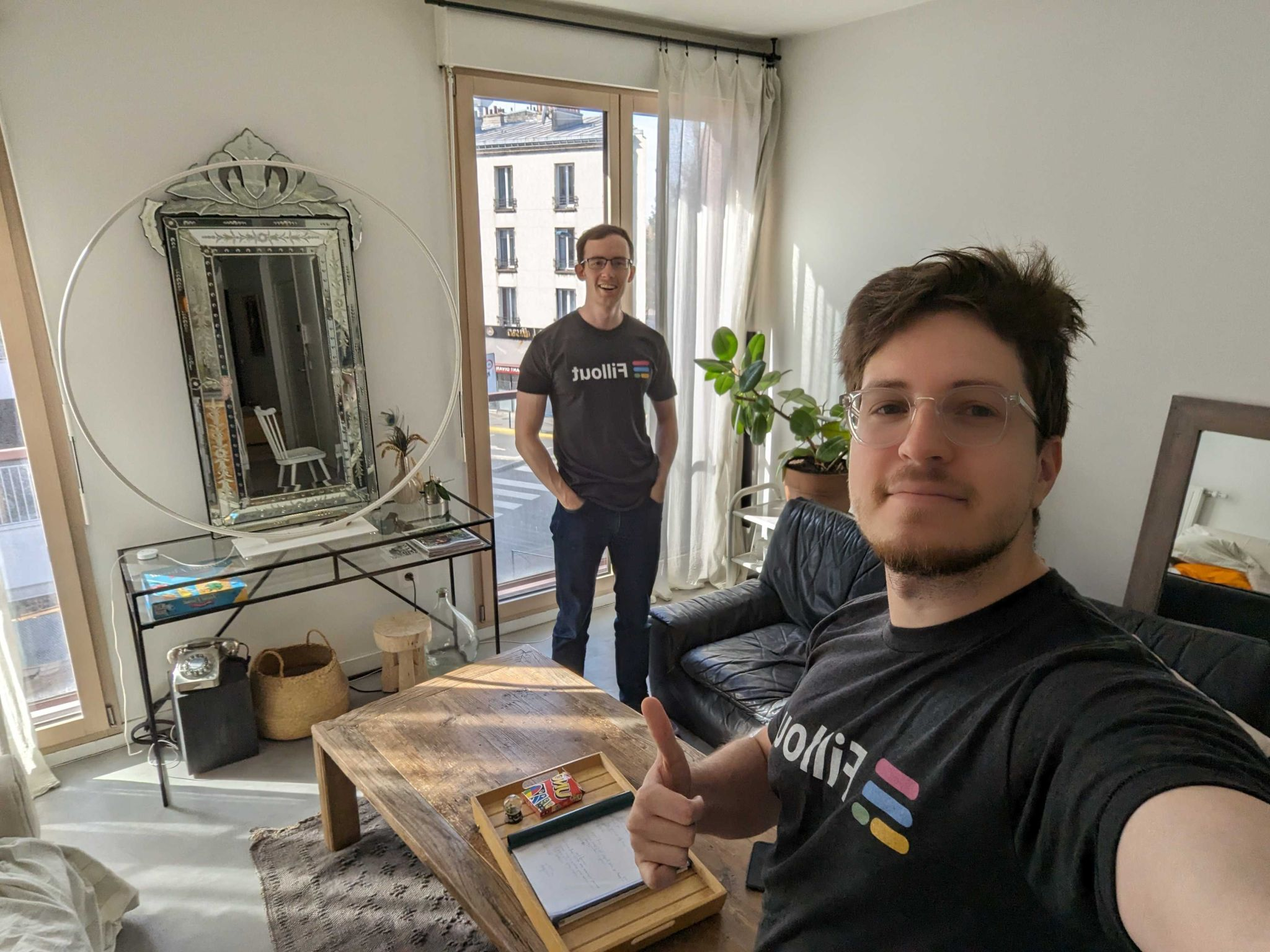 Antony and Dominic, Fillout co-founders, wearing the OG Fillout logo (RIP)