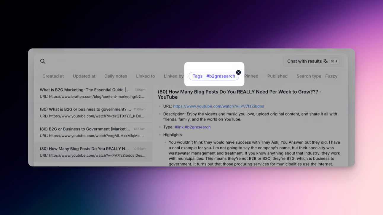 Searching research notes using a tag to filter