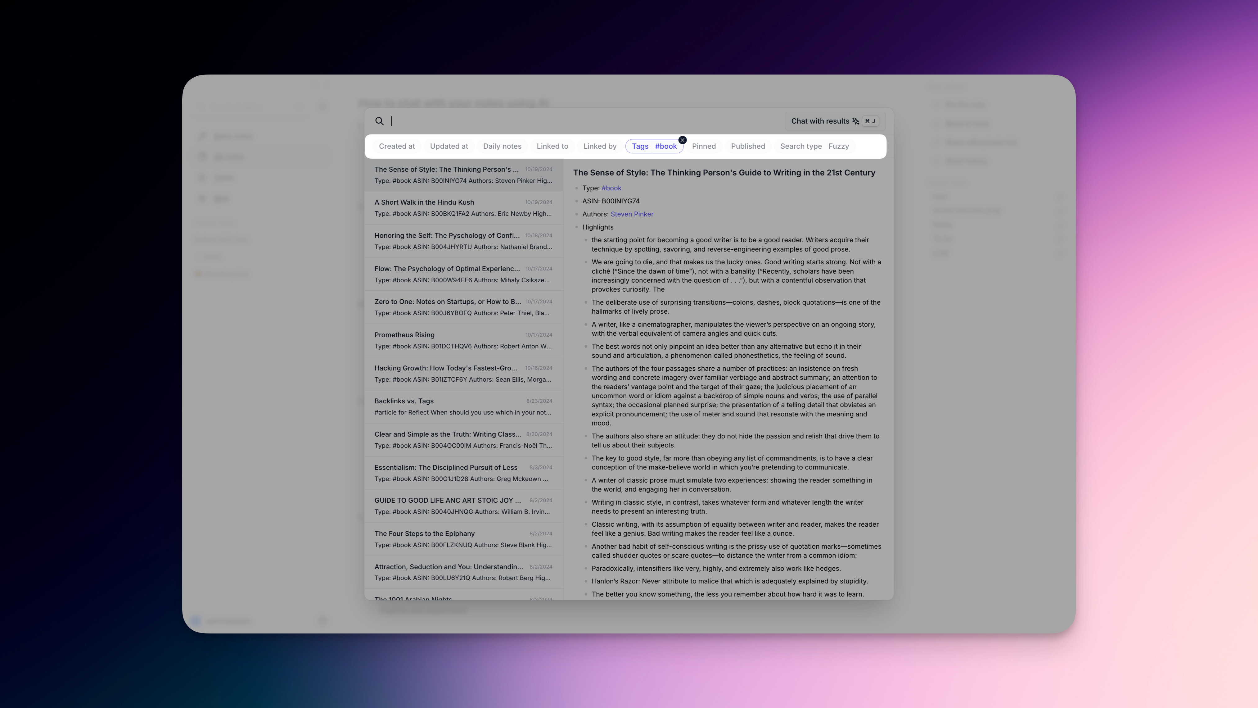 Filtering notes in Reflect before chatting with them