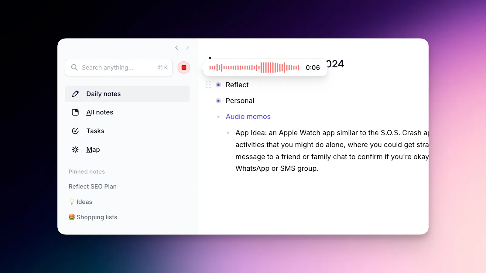 AI note-taking transcriber in Reflect 