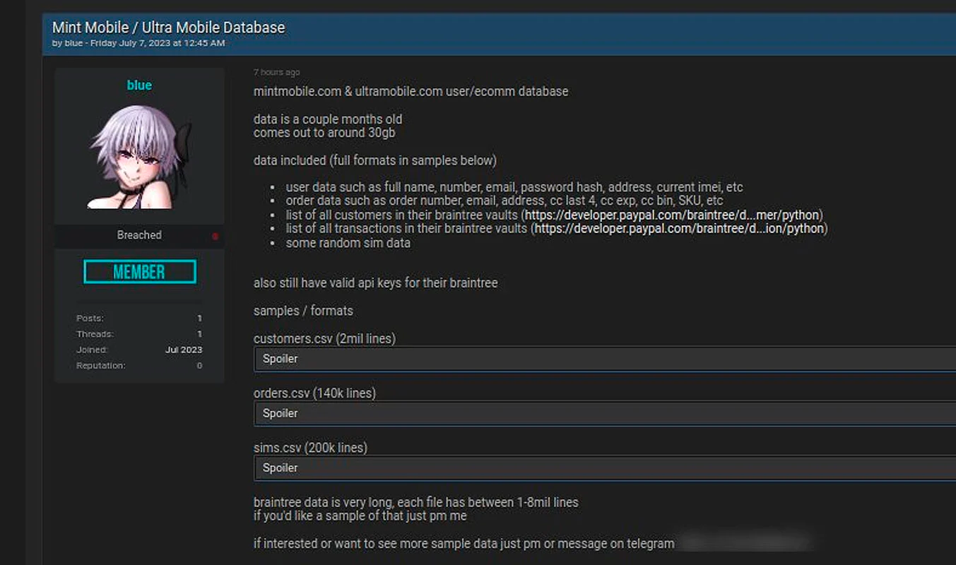 Hacker selling Mint Mobile/Ultra Mobile data. Source: FalconFeeds