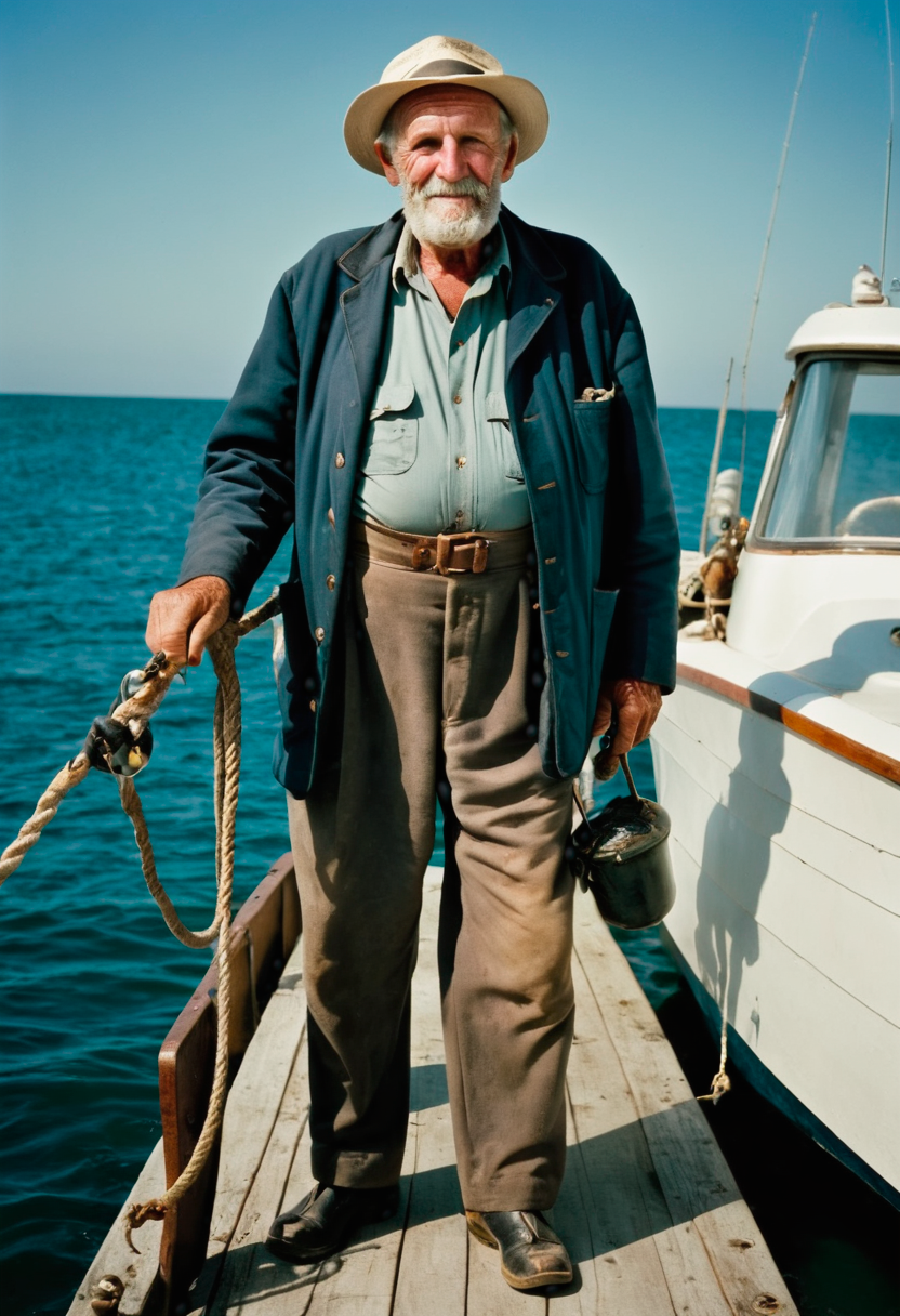 full body shot of an old fisherman sea captain, kodachrome, natural lighting, sunny day, fishing boat