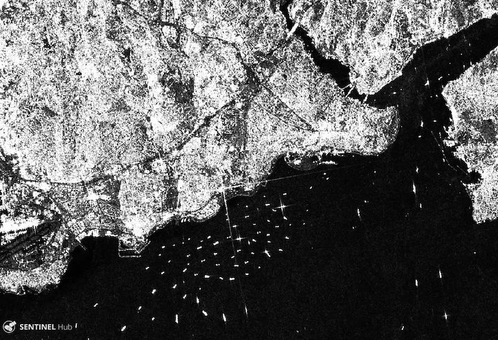 Sentinel-1 SAR image acquired January 15, 2018, showing the land and sea SW of Istanbul, Turkey. Objects in water are ships.
Credit: ESA/Sentinel Hub.