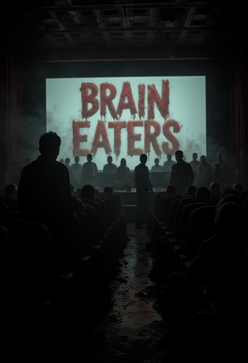 Brain Eaters. Dark image from inside a movie theater. On the movie screen in the theater you can see large fleshy title text that reads "BRAIN EATERS". Zombies stand behind the title text. Foggy atmosphere.