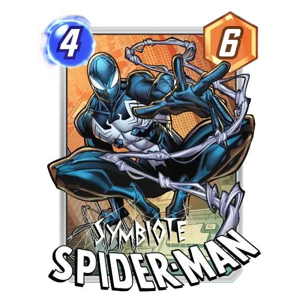 Symbiote Spider-Man — Activate: Merge your lowest-Cost card here with this. Copy its text like it just revealed.