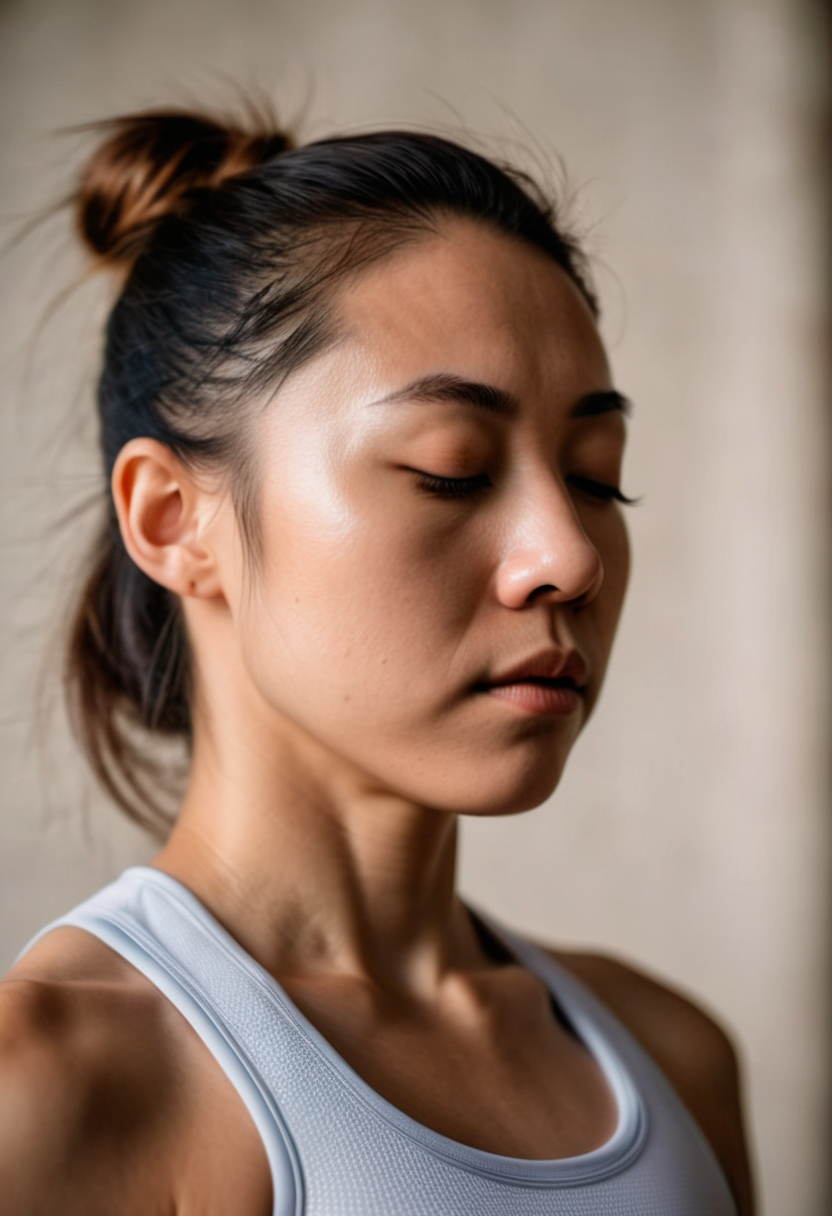 Close up portrait of a young japanese yoga teacher in sportswear, Natural lighting, Instagram photography, eyes closed, detailed skin