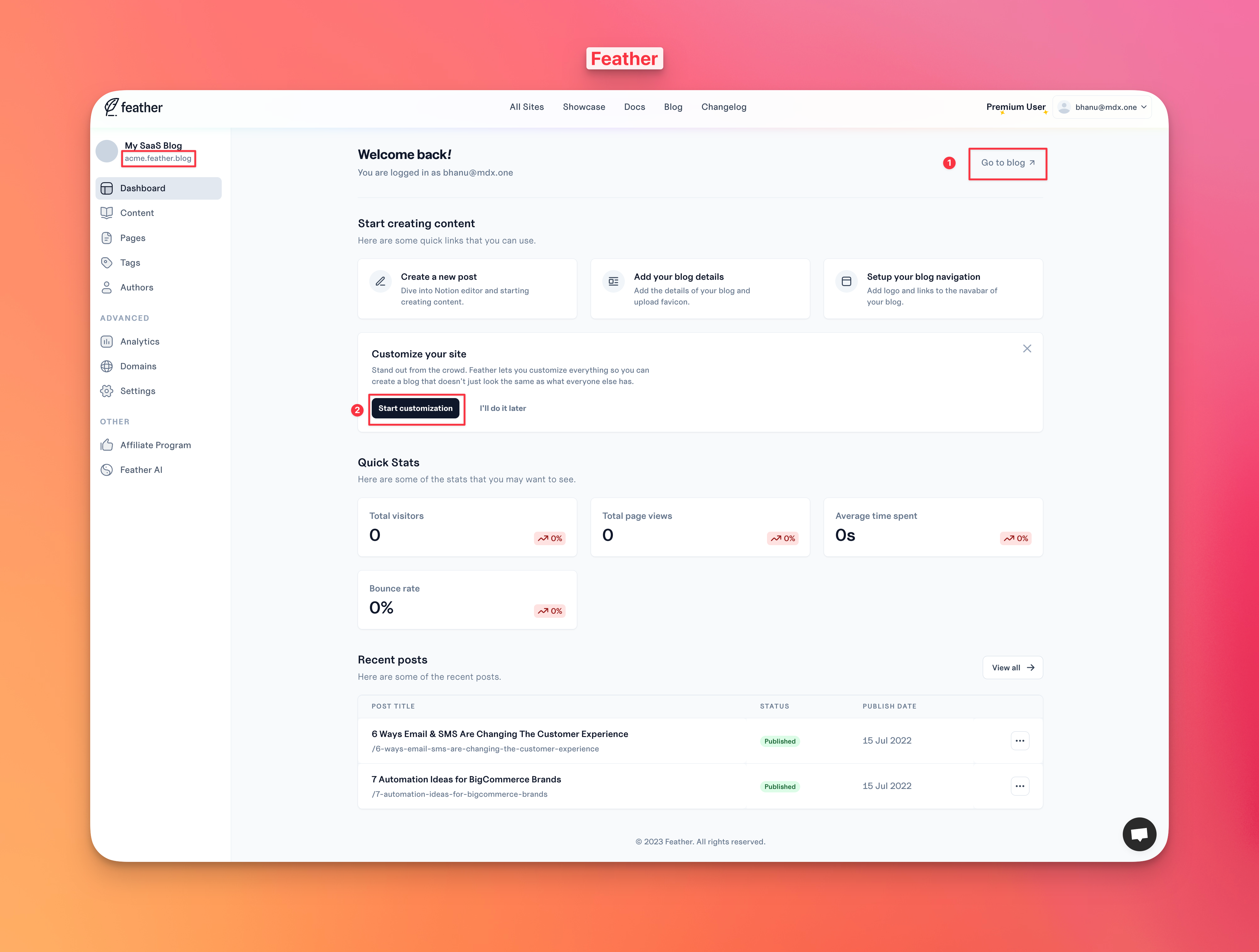 Blog dashboard in Feather