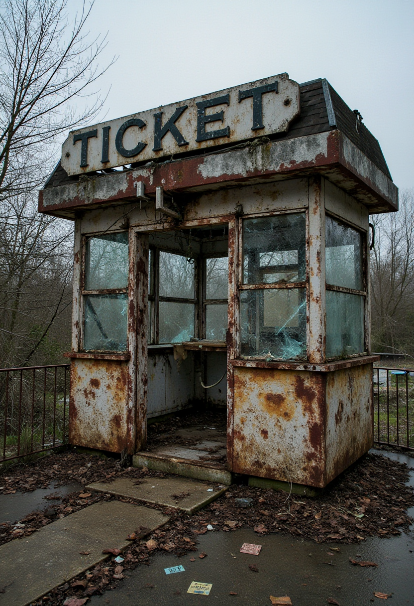 abndnd_plcs_prks, A haunted ticket booth, its glass shattered and the roof caved in, sits at the entrance of an amusement park long forgotten. The decayed remnants of tickets scatter across the ground, blown by a cold, unnatural wind. Faint whispers seem to rise from the overgrown pathways beyond the rusted gates.