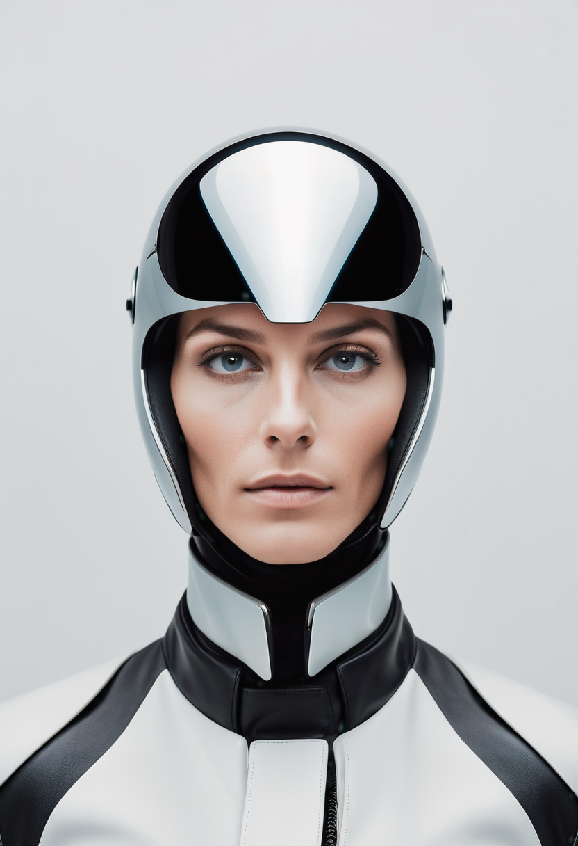 photo of a futuristic car pilot, minimalist photographic portrait, sleek and minimal design, smooth metal