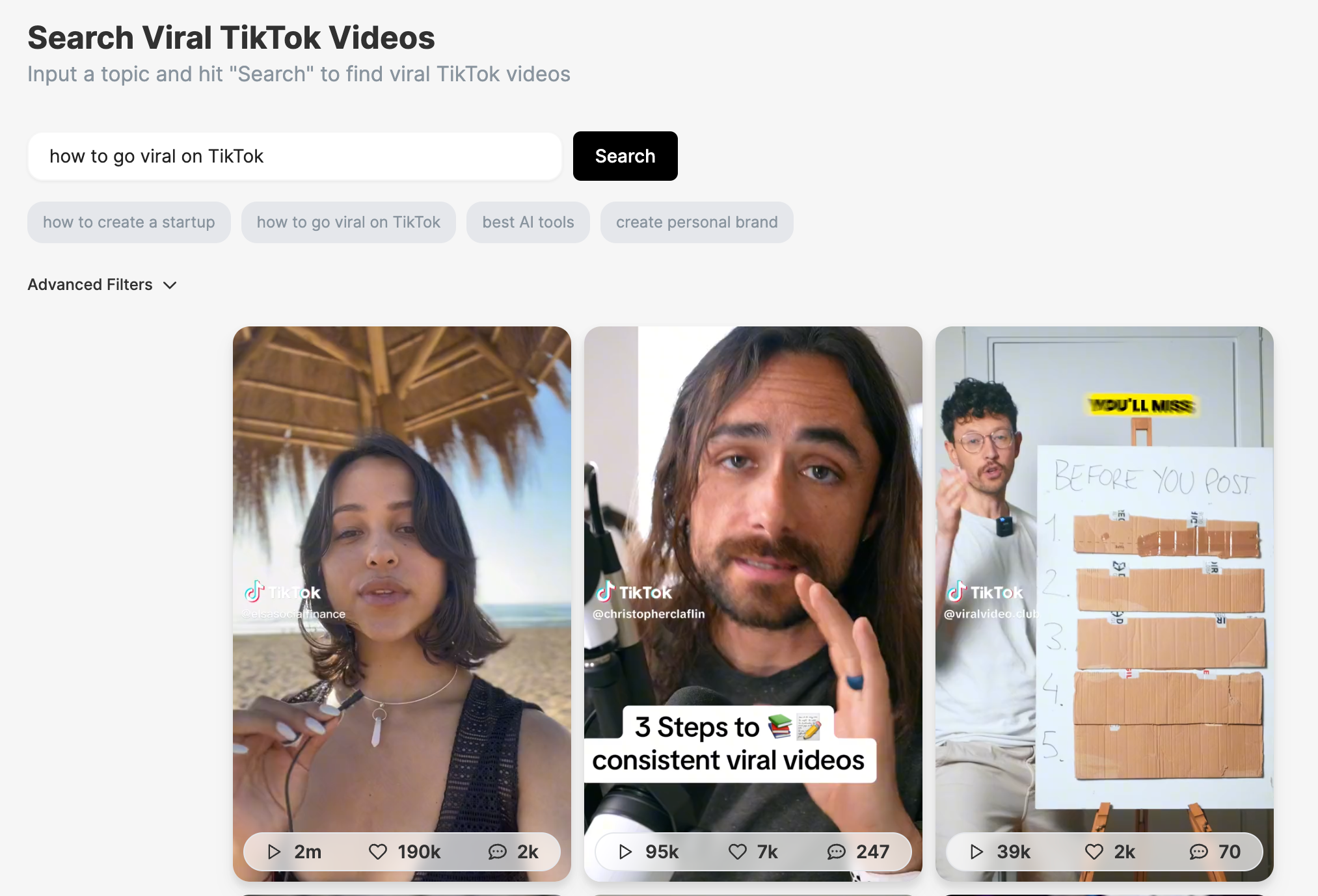 revid.ai’s “Search Viral TikTok Videos” feature surfaces trending content inspiration for faceless YouTube channels.