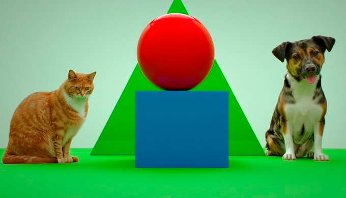 Prompt : Photo of a red sphere on top of a blue cube. Behind them is a green triangle, on the right is a dog, on the left is a cat