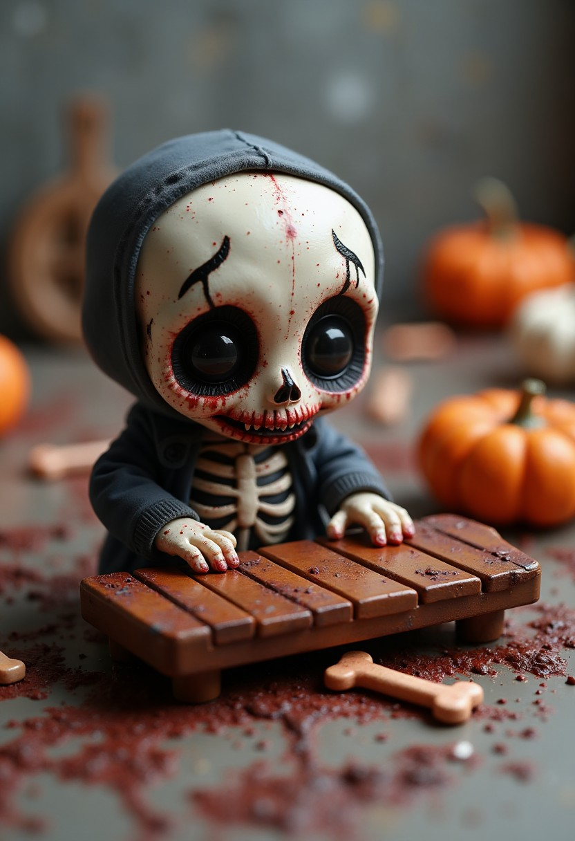 an adorable skeleton in style of ck-cbc playing the xylophone with two bones
