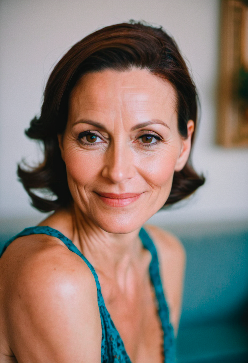 front shot portrait photo of an happy 42 years old woman, looks away, natural skin, skin moles, glamour interior, shot on Kodac film