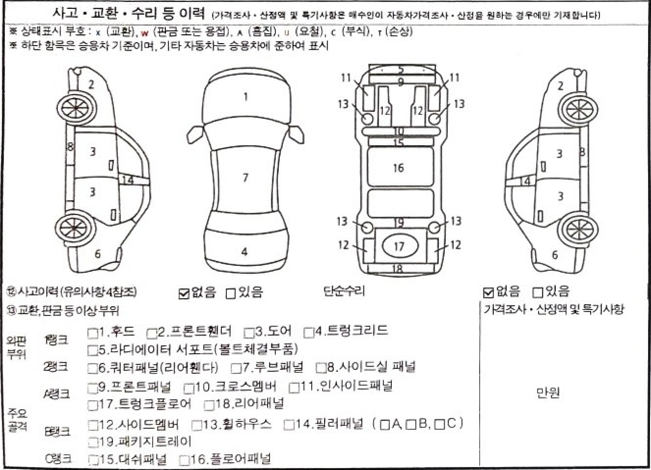 온라인 성능점검기록부 중 사고/교환/수리 등 이력