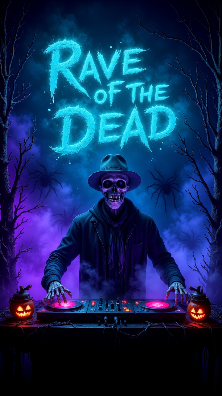 Skeleton DJ at a Haunted Rave: The skeleton DJ is spinning records on a glowing neon green and purple stage, surrounded by fog and lasers cutting through the air. The backdrop pulses with glowing spider webs and eerie pumpkins, and behind him, the words "Rave of the Dead" flicker in electric blue, perfectly in sync with the haunting beat  , aidmaHalloweenBoost, aidmaTextimprover