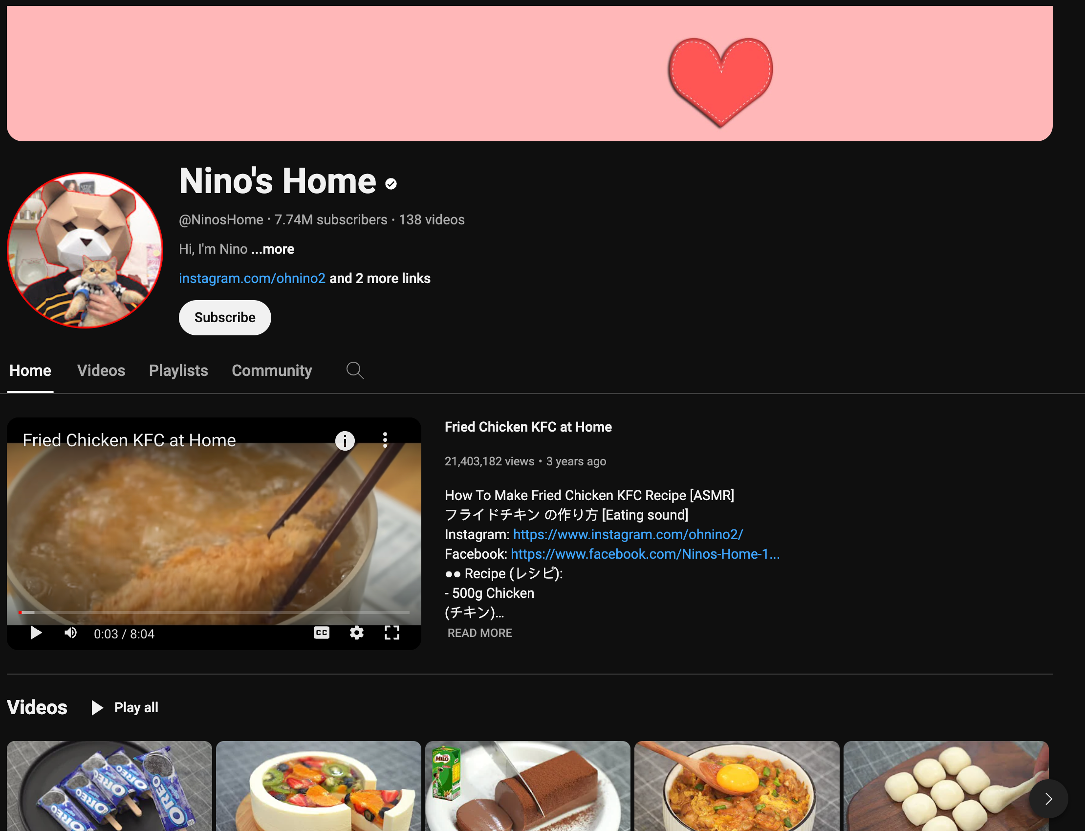 Nino's Home - A thriving 7.7M subscriber cooking channel showcasing the potential for faceless recipe tutorials.
