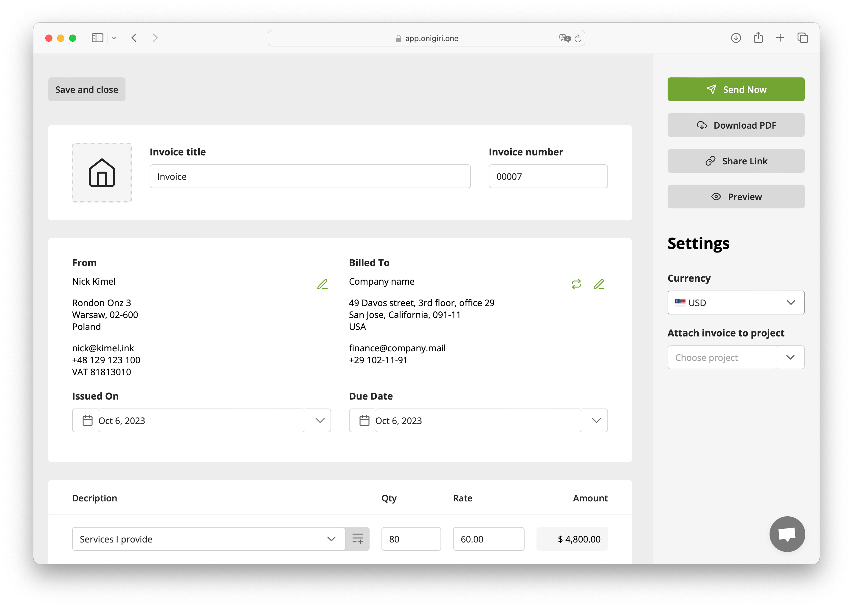 Freelance invoicing software. Onigiri