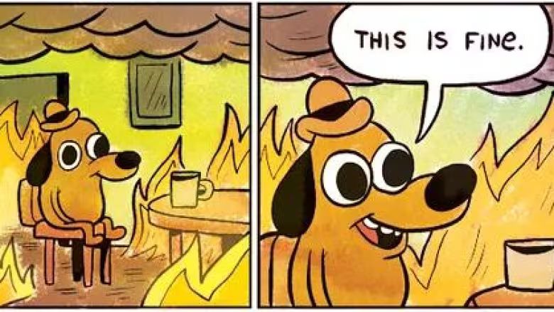 A puppy is drinking coffee in a burning house, saying ‘this is fine’.