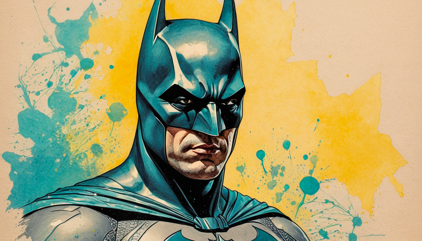 lead pencil sketch of batman with splatter of yellow and aquamarine ink, parchment background