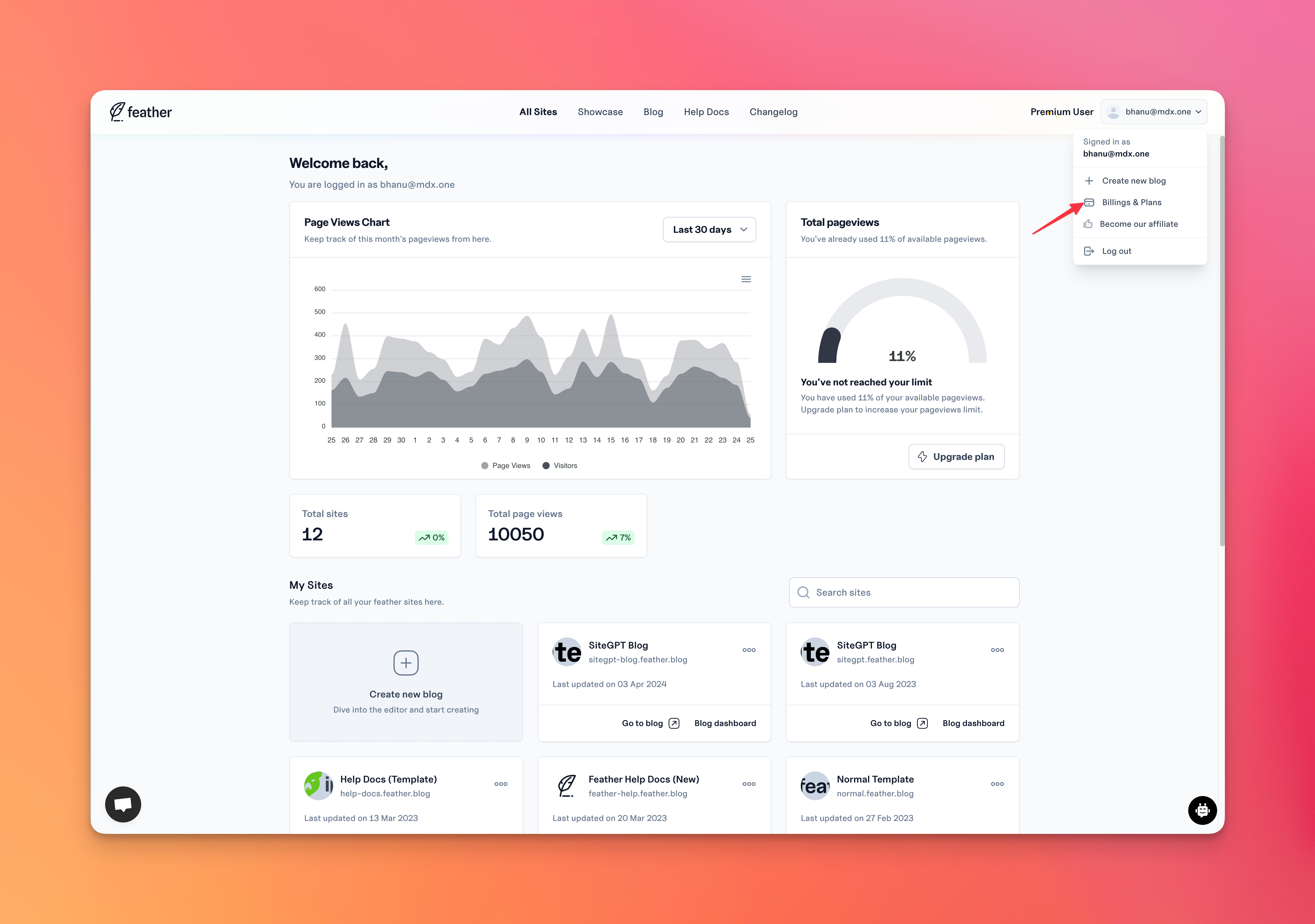 Shows how to navigate to billings & plans page