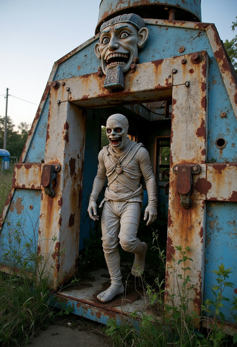 abndnd_plcs_prks halloween mummy walking out from a tunnel in a haunted egyptian ride in rusty abandonned park at sunset. The surrounding area is overgrown with grass.