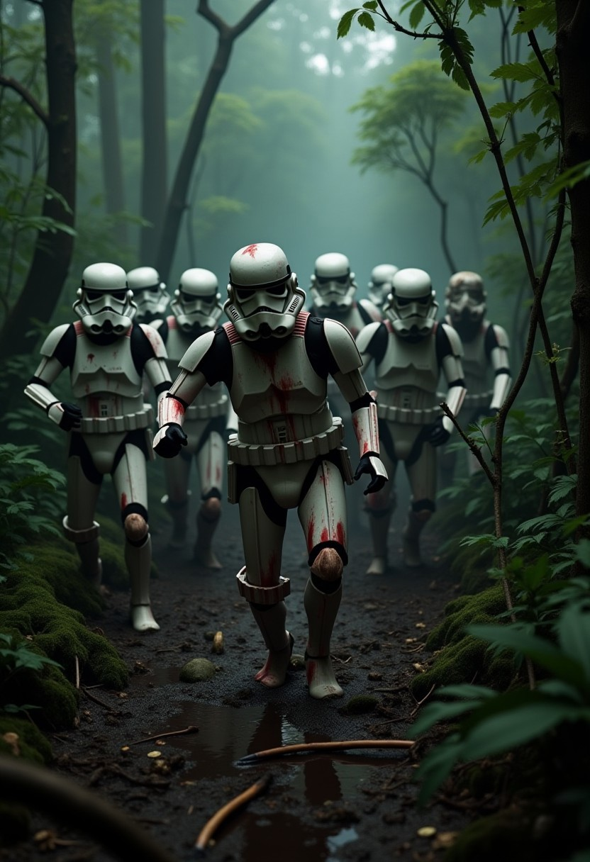 Horror film stills. A horde of zombie Stormtroopers shamble through an overgrown jungle. Broken and bloody limbs 