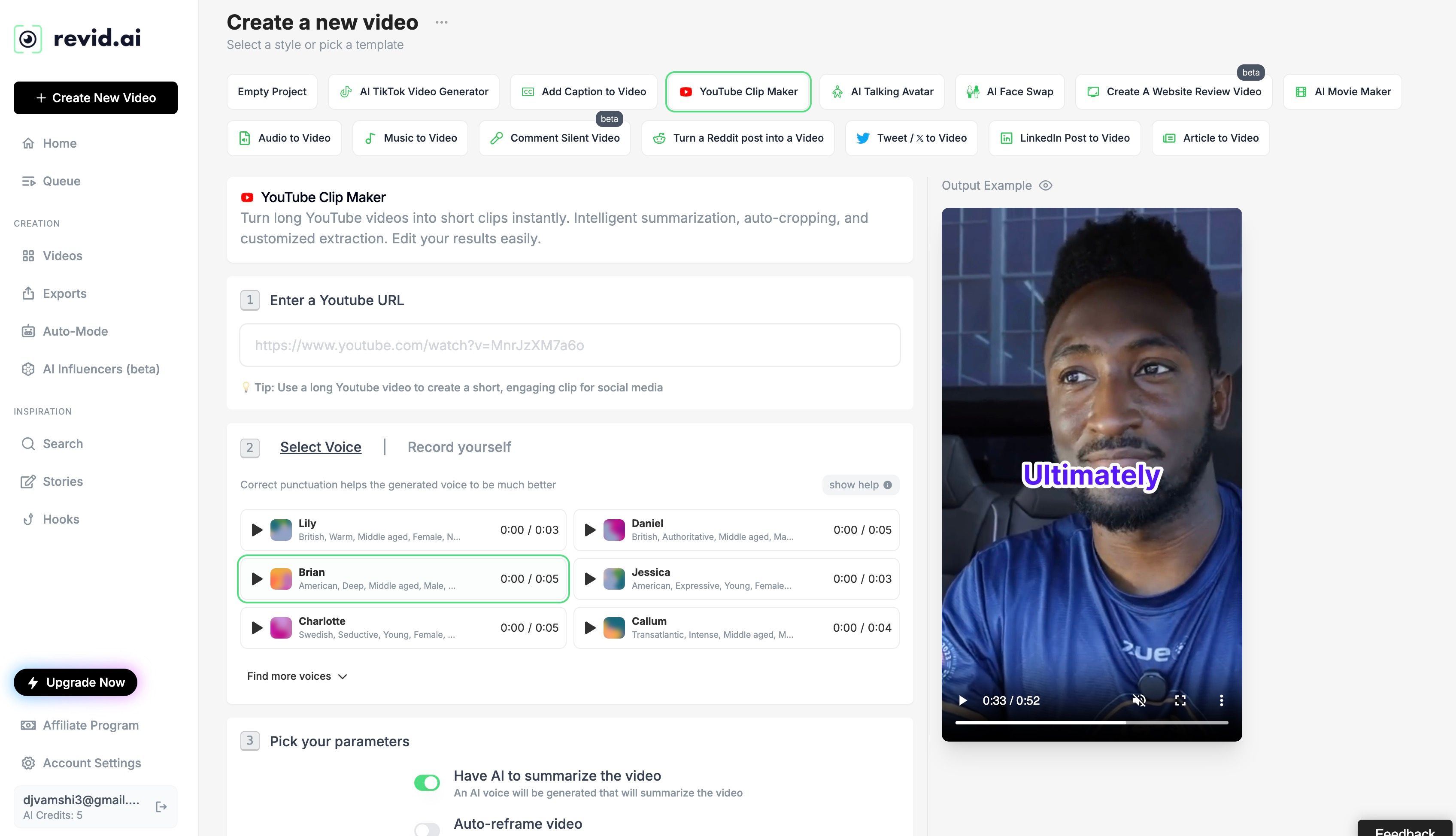 Revid AI “YouTube Clip Maker” tool screenshot
