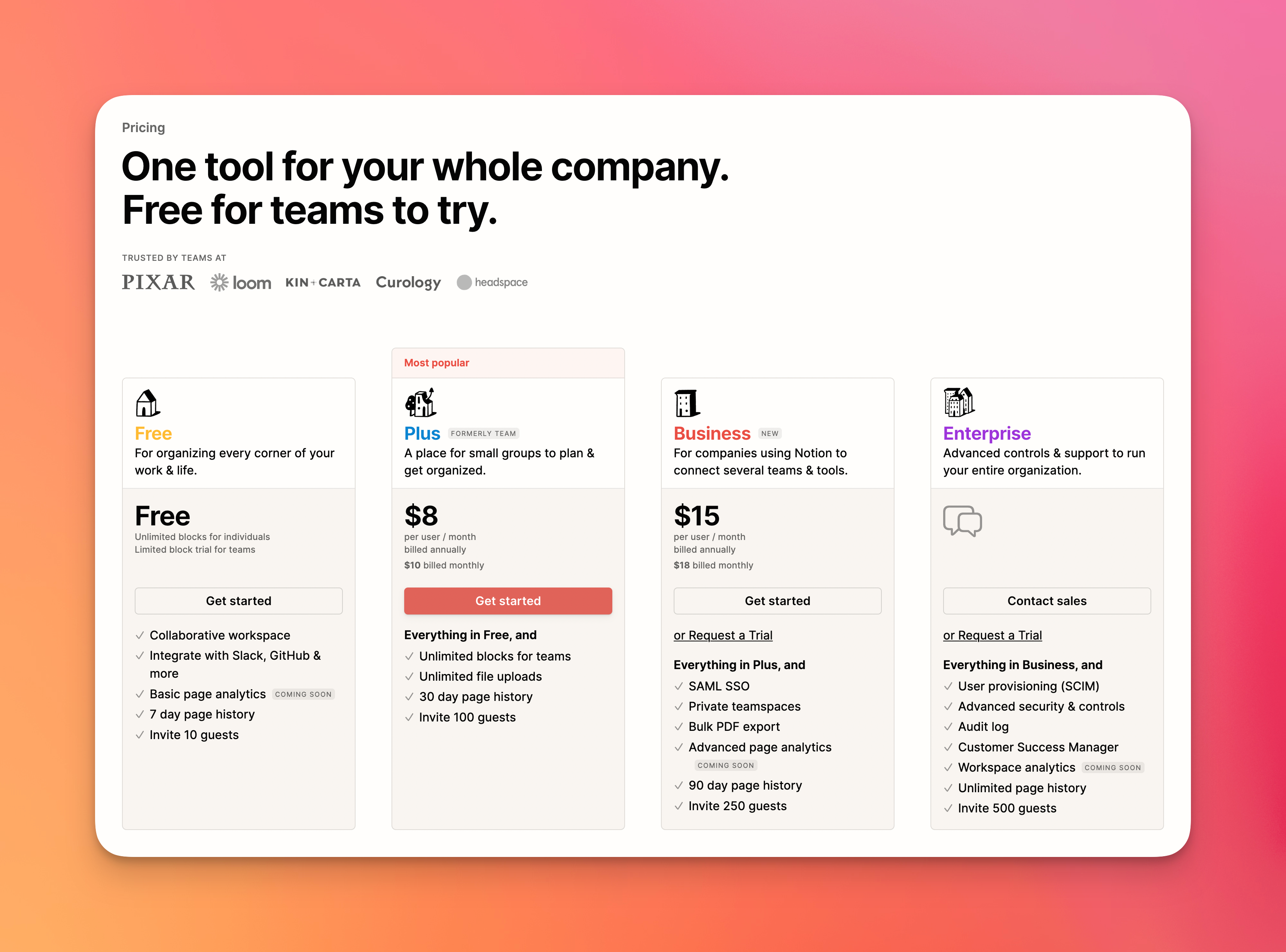 Notion Pricing – Showing different pricing plans offered by Notion and how much each of it costs.