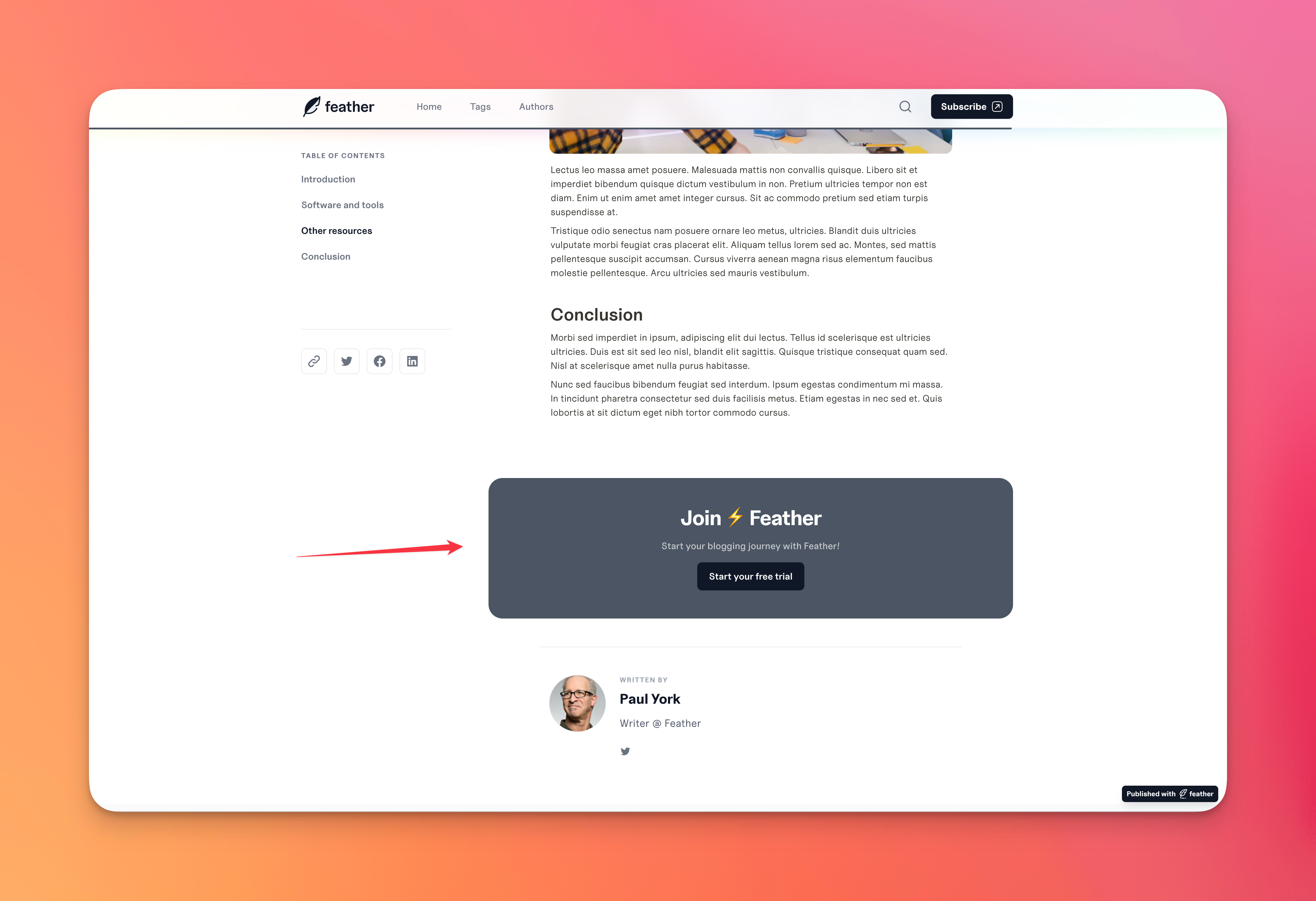 Call to Action Button in the Normal Feather Template