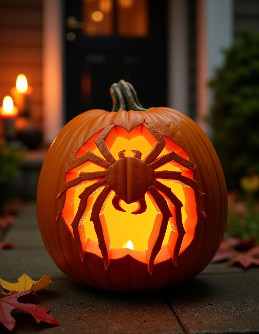 a b4a pumpkin with a creepy spider carved into it, sitting on the ground. The pumpkin is a bright natural orange color. In the background is a spooky decorated Halloween house entrance a night, autumn leafs, burning candles around.