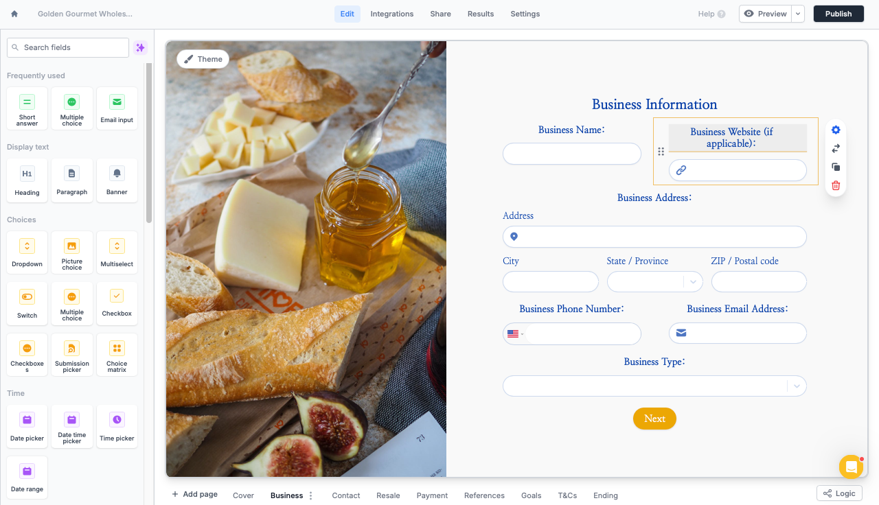 Fillout's form builder dashboard featuring one of its lead generation templates, the Wholesale Account Application Form. 
