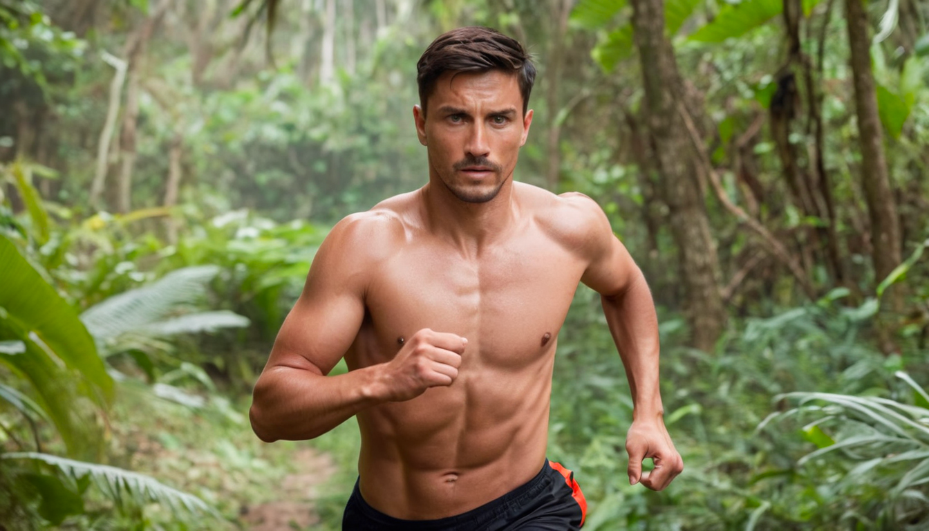 close action shot of a man running in the jungle