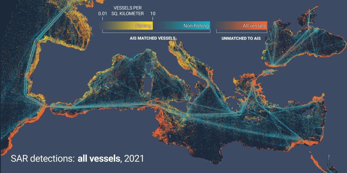Using SAR imaging to detect ships invisible or unmatched to AIS data. This is an image of the Mediterranean sea. Source: Analysis of SAR & AIS data by Global Fishing Watch