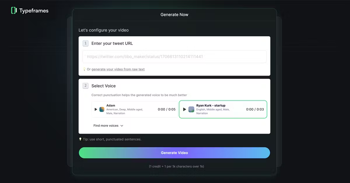 Typeframes' Tweet/X to Video tool