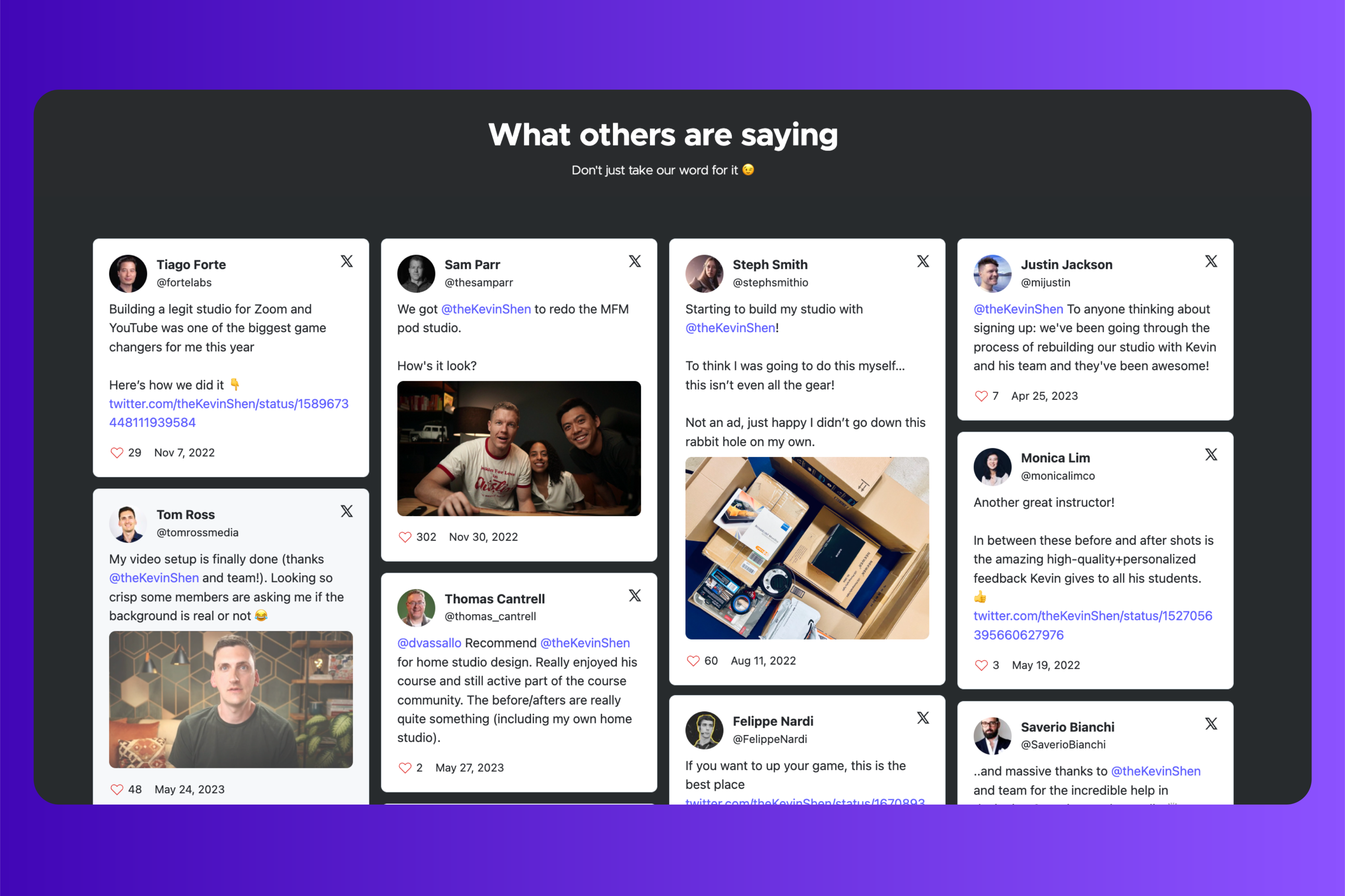 This section of Dream Studio by Kevin Shen’s landing page is made of X shoutouts from students.