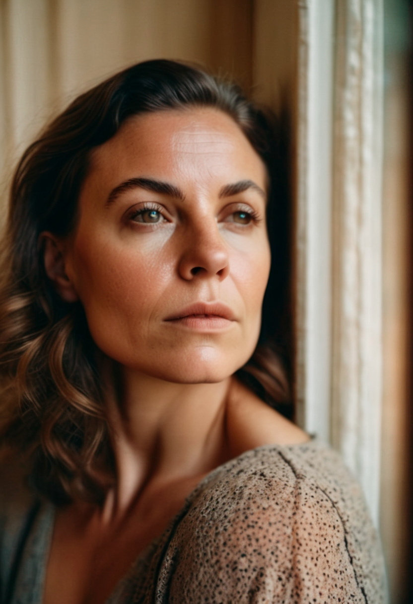 front shot, portrait photo of an american woman, looks away, natural skin, skin moles, cozy interior, film grain