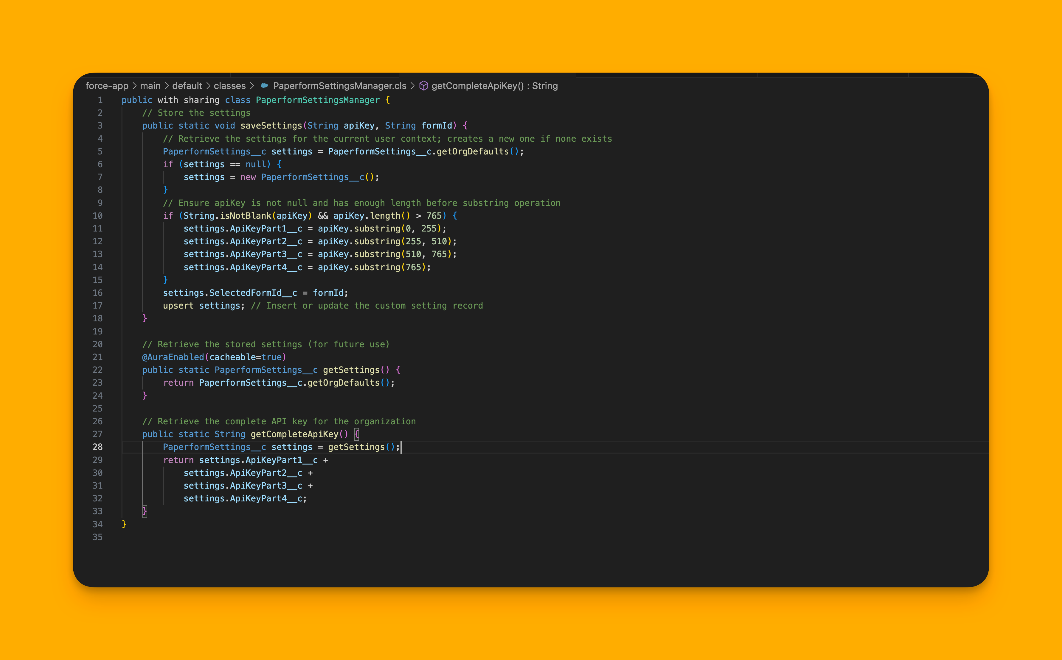 Snapshot of an apex class. Showcases what the PaperformSettingsManager Apex class looks like