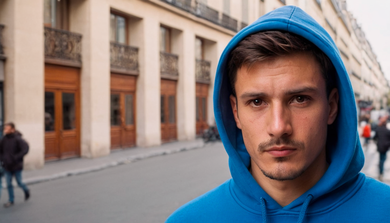 portrait of a man wearing a blue hoodies, amateur street photography, Paris