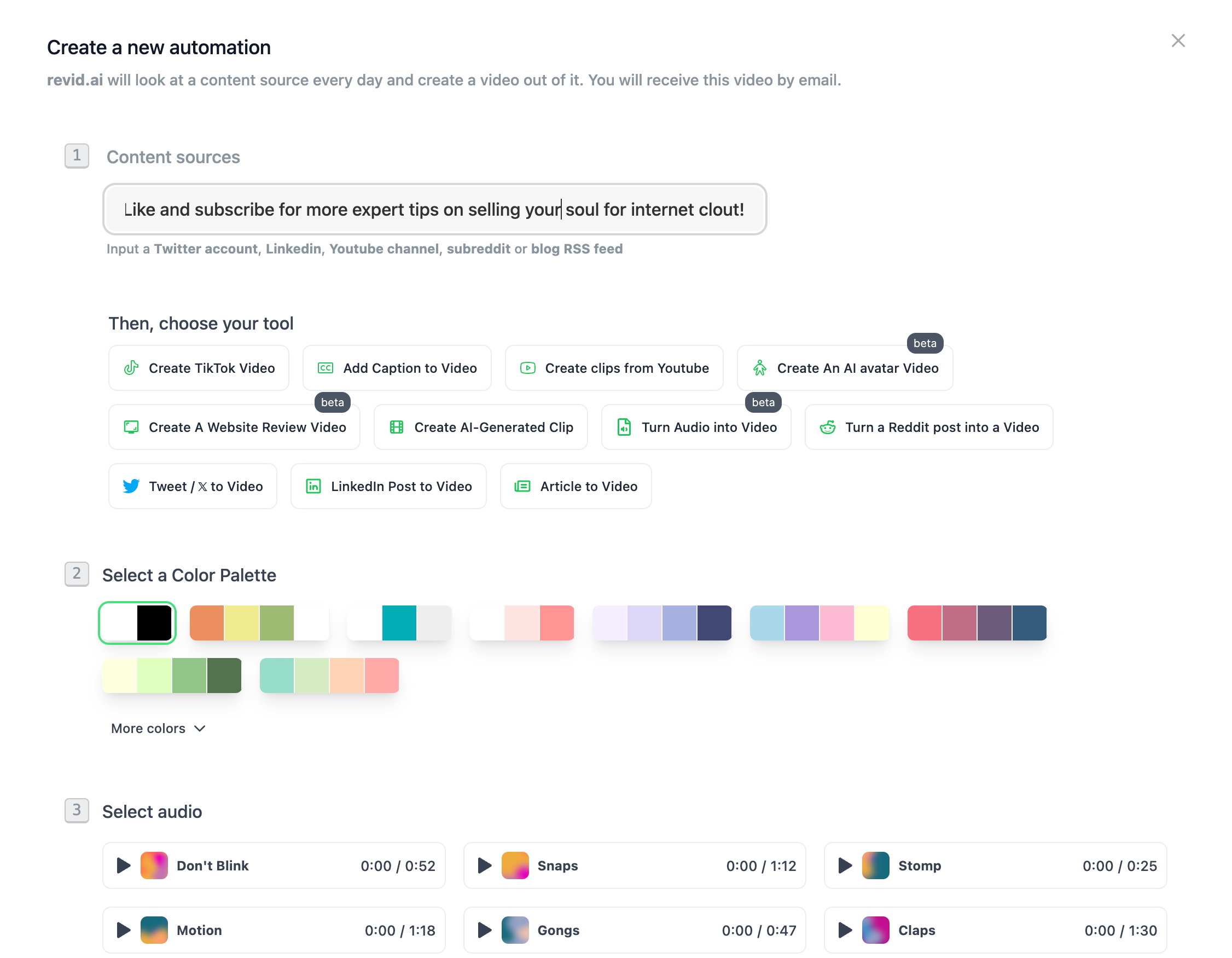 revid.ai’s “Automation” feature automatically create video content from blogs, Twitter timelines, websites, RSS feeds, and more.