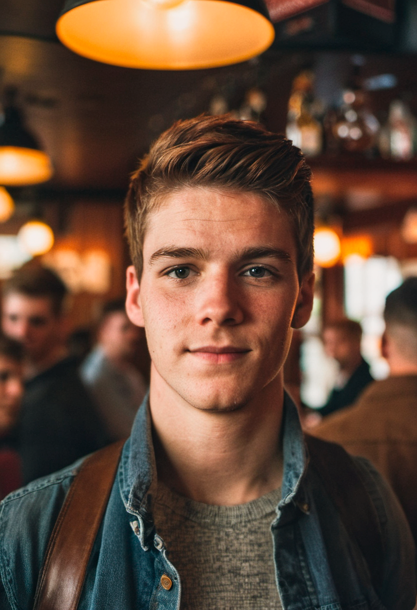 Portrait photo of a 25 years old american man in crowded pub, looking at the viewer, natural skin, shot with an iPhone