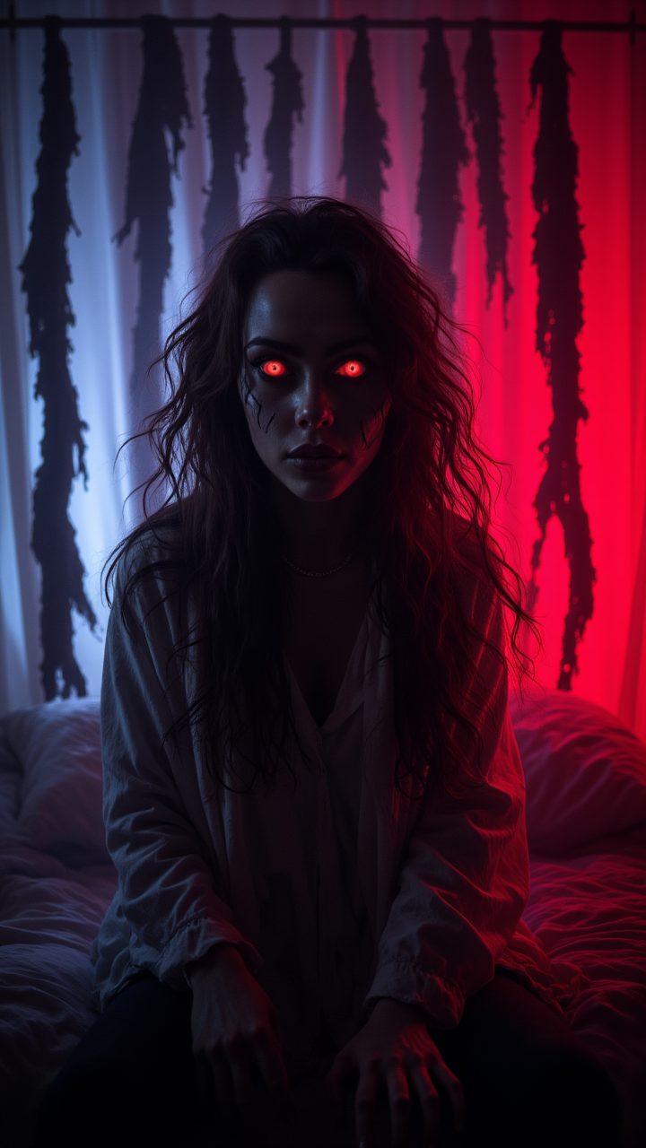 a woman with long, curly brown hair and glowing red eyes sits in front of a large horror-themed room filled with flashing lights and scarves. studio lighting, aidmaHalloweenBoost