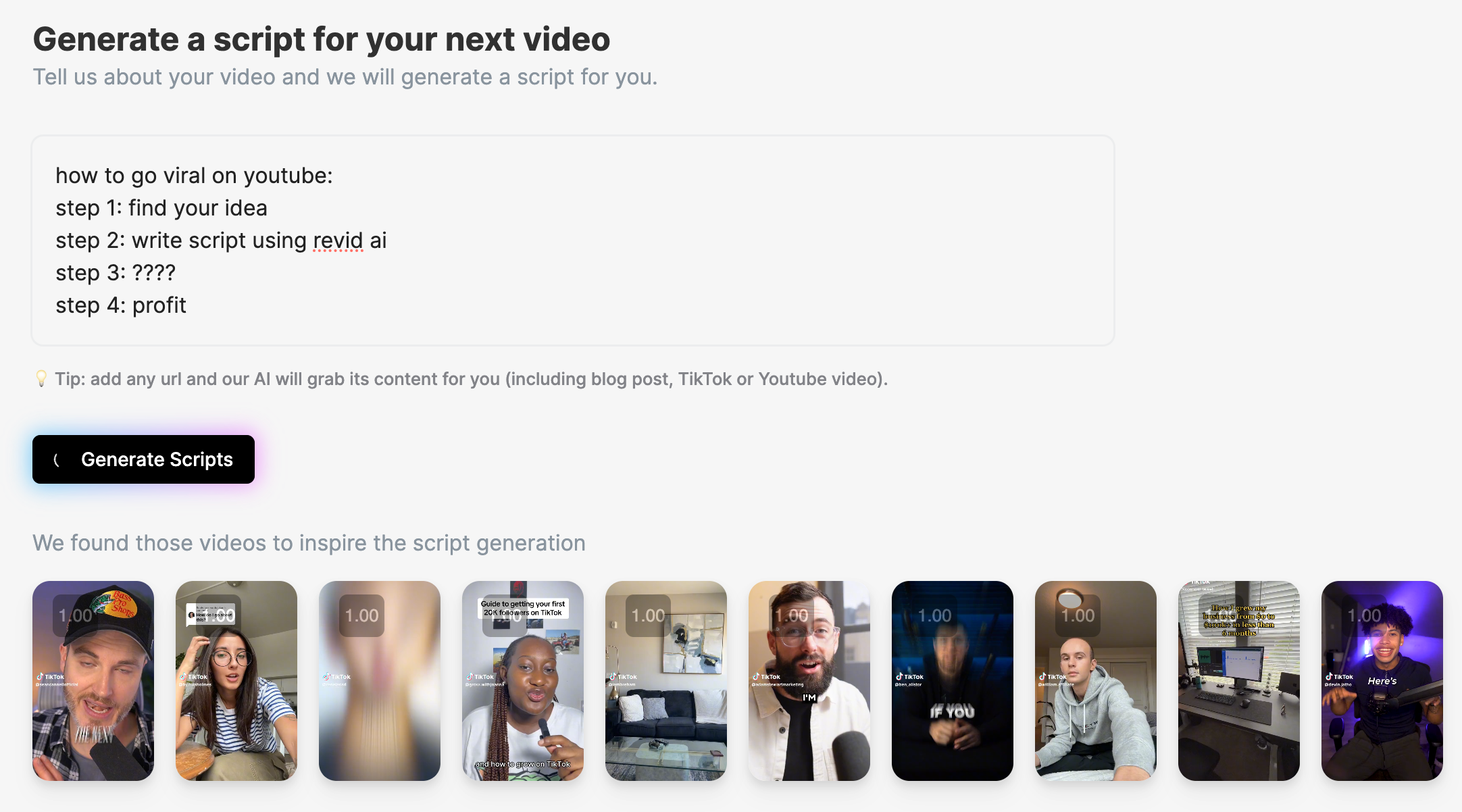 revid.ai’s “Generate a Script” feature leverages AI to generate engaging, viral-optimized scripts for faceless YouTube Shorts, Instagram Reels, and TikTok videos.