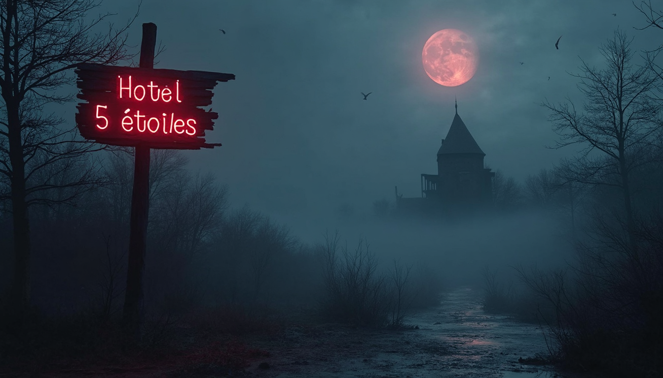 A mystical, fog-shrouded landscape under a blood moon, with a dark ruined tower in the distance. The foreground features a wood and neon signpost with Hotel 5 étoiles text, amidst heavy fog, dark shadows, and dim moonlight reflections in water.