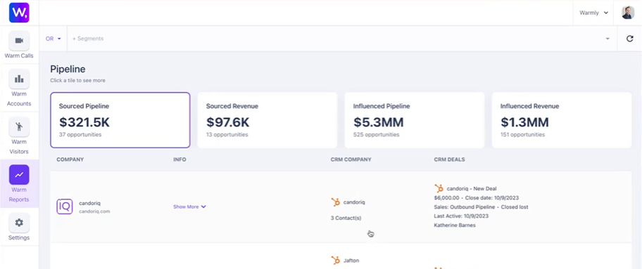 A sample dashboard from CEO of Warmly, Maximus Greenwald.