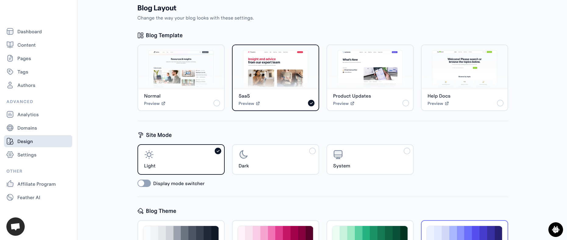 Choosing your blog design with Feather