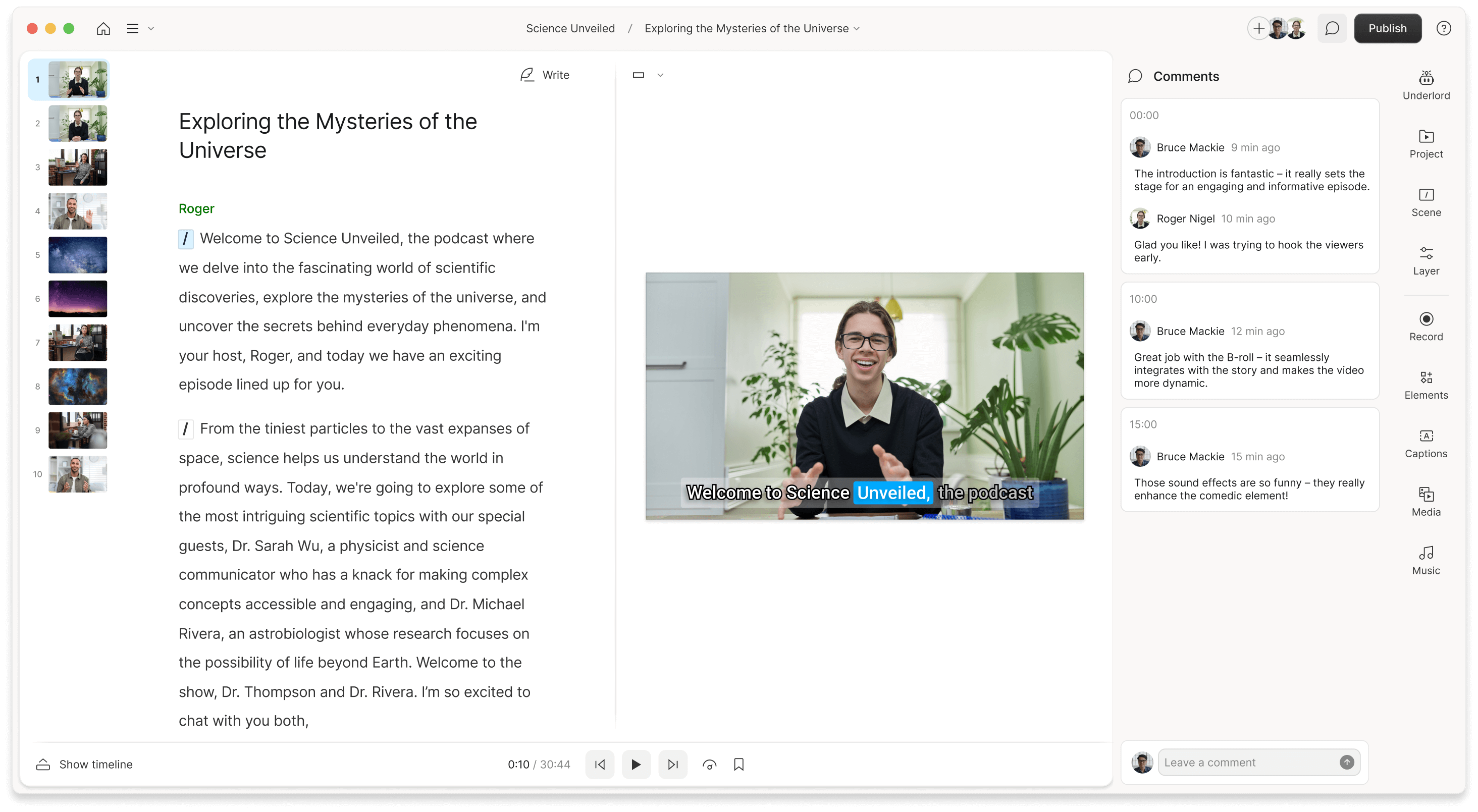 Descript editing dashboard