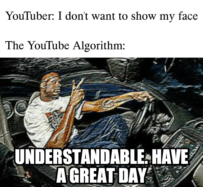 A meme personifying the YouTube algorithm giving its nonchalant approval to faceless content created with revid.ai.